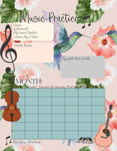 3 Printable Music Practice Charts, Tracker, Tropical, Hummingbird, Flamingo, Palm Leaf, Music Teacher