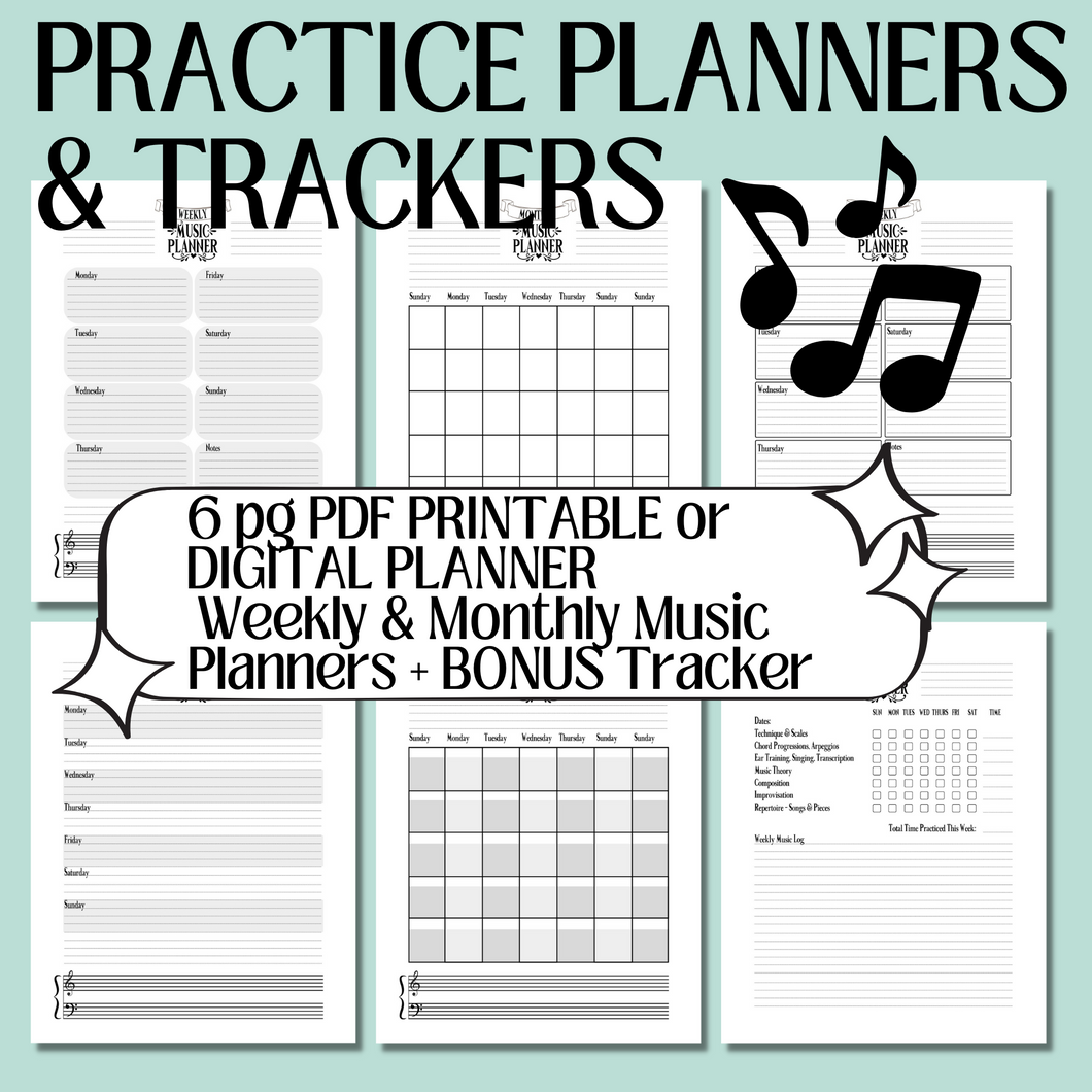 Weekly & Monthly Planner PRINTABLE, Digital Planner, GoodNotes, Music Teacher, Tracker, Music Practice Log