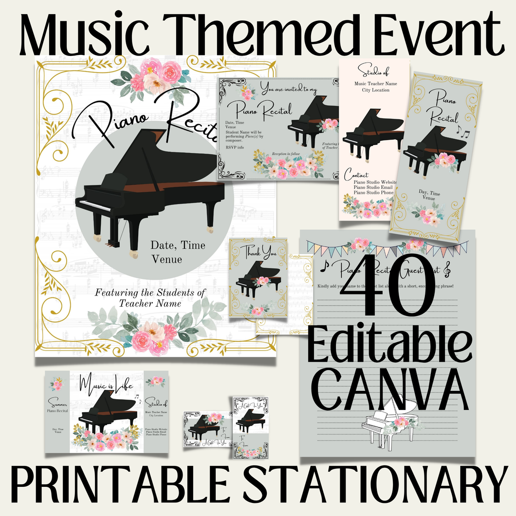 40 Editable MUSIC-THEMED EVENT - Piano Invitations and Thank You Cards, Canva Templates, Boho Classical, Birthday, Concert, Party, Wedding, Music Event