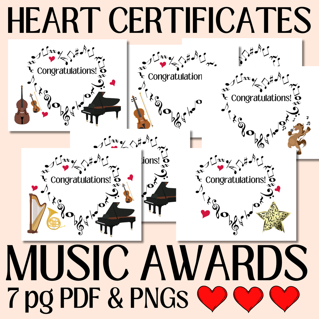 Heart MUSIC CERTIFICATE, Award, Achievement, Printable Certificate of Completion for Musician, Music Studio