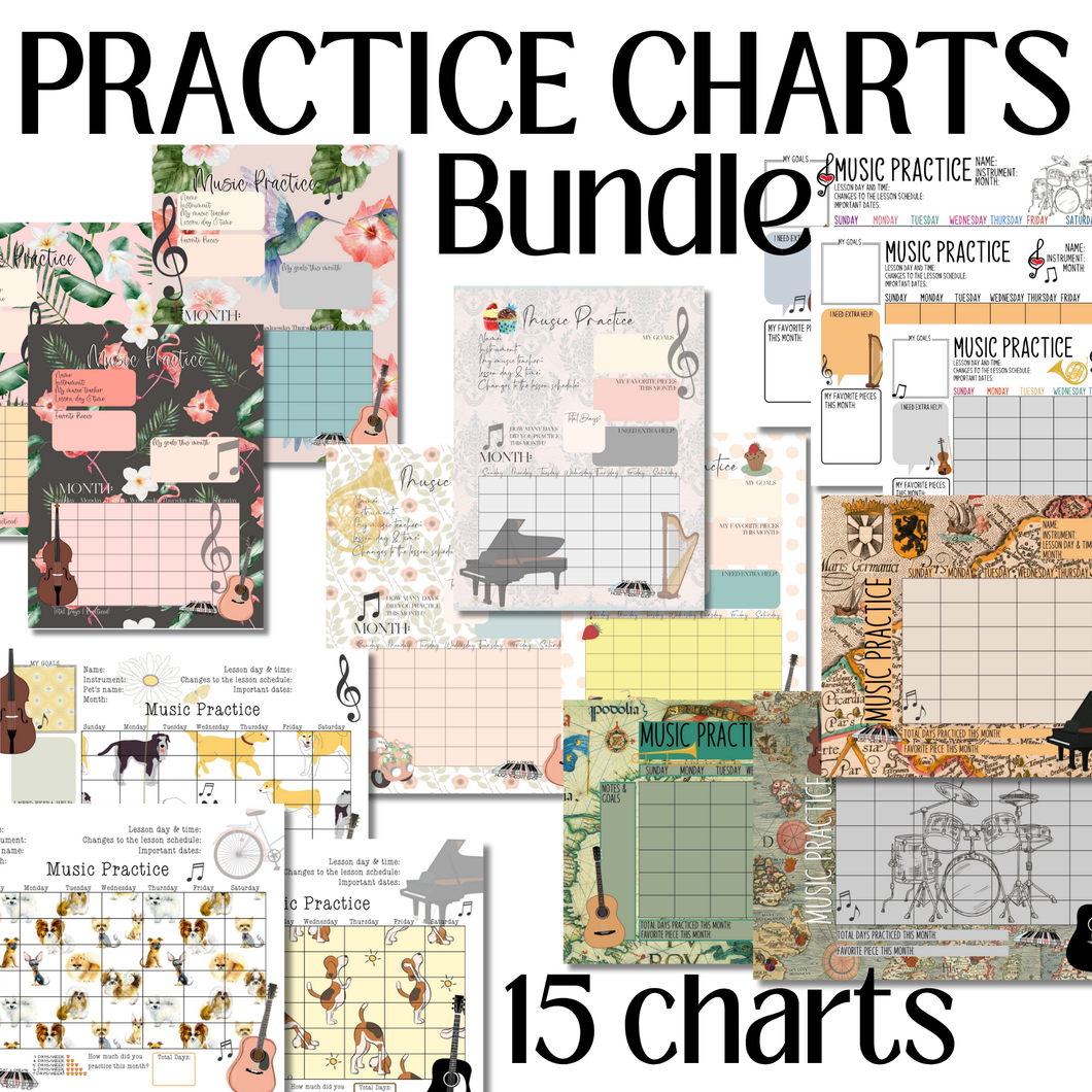 15 Printable Music Practice Charts Bundle, Music Teacher, Music Student, Gift for Musician