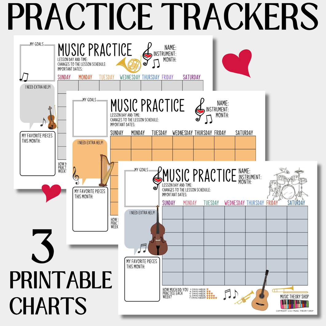 3 Printable Music Practice Charts, Tracker, Music Lessons, Music Progress Chart, Instruments, Music Teacher
