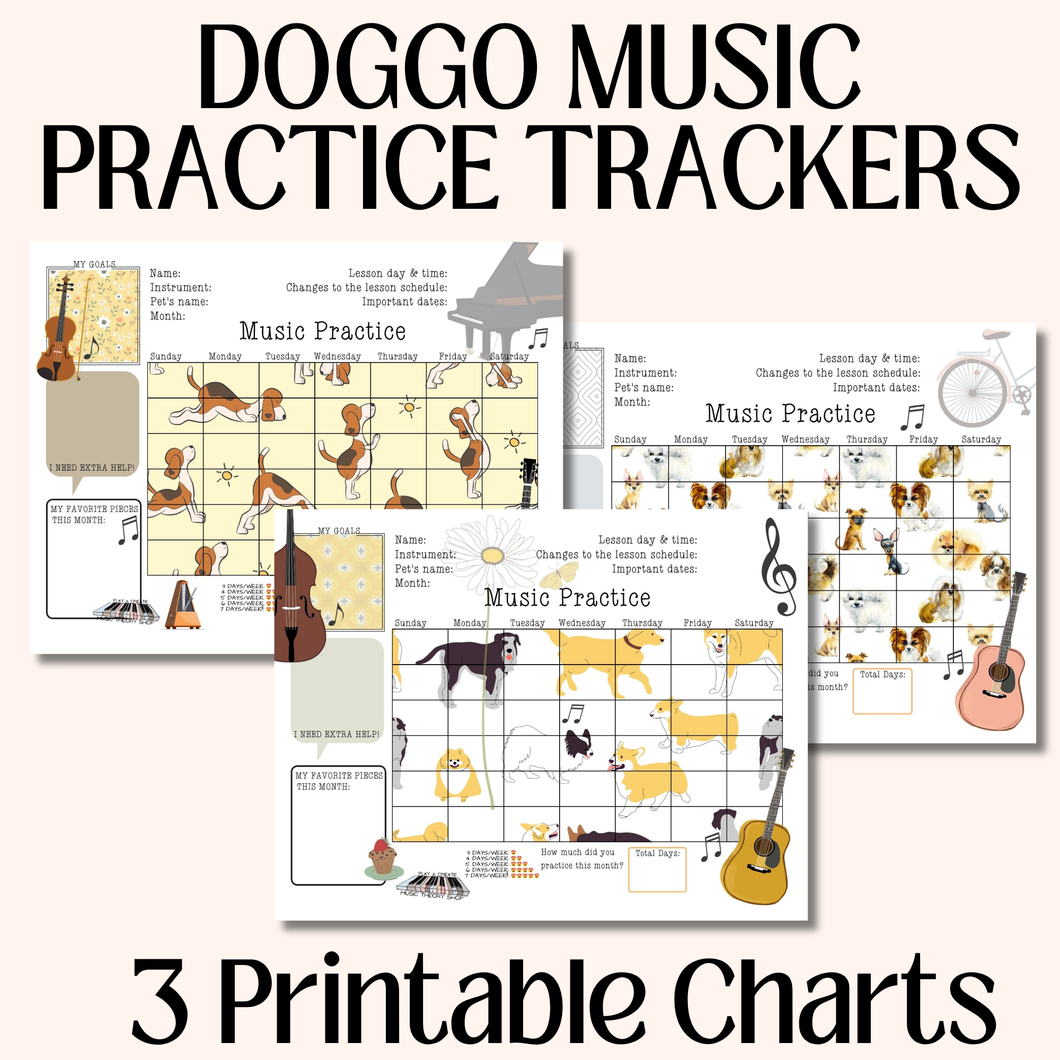 3 Printable Music Practice Charts, Tracker, Doggo, Doggie, Musician Dog Lovers, Music Teacher