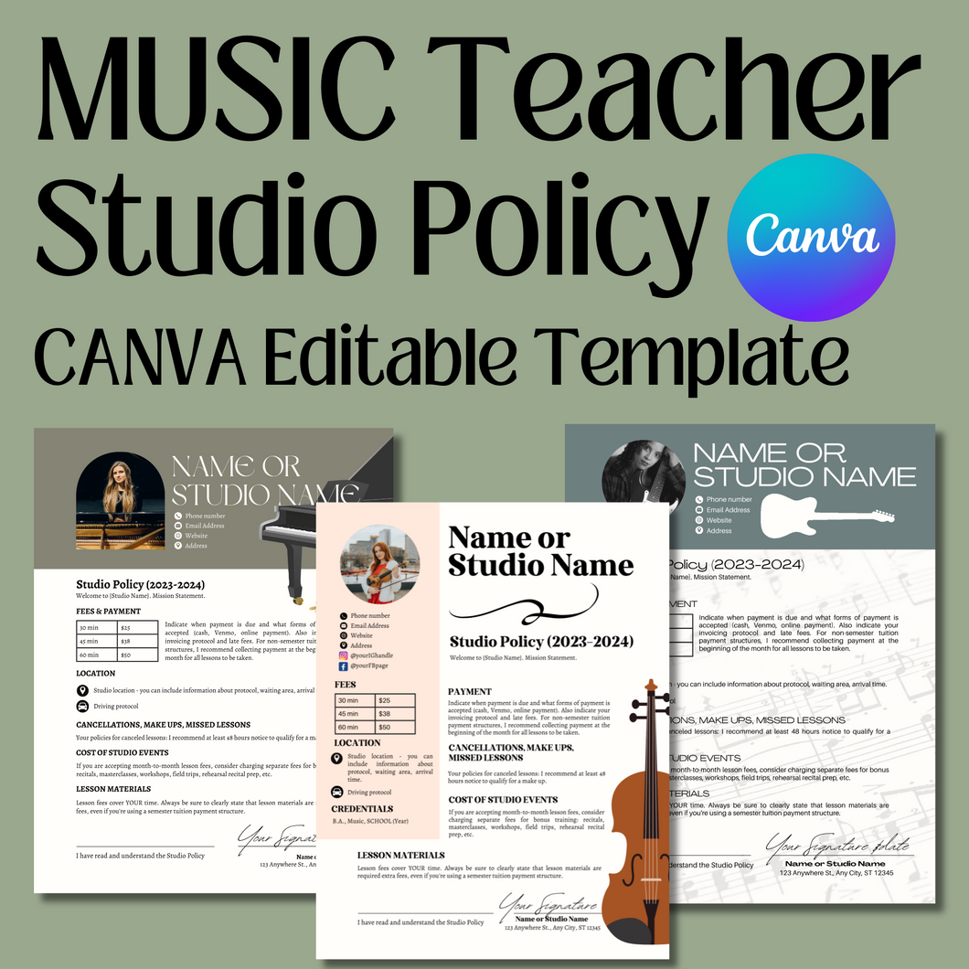 Studio Policy Canva Template, Music Teacher, Music Teaching Business, Music Lessons, Studio Policy, BONUS Policy Checklist, Music Educator