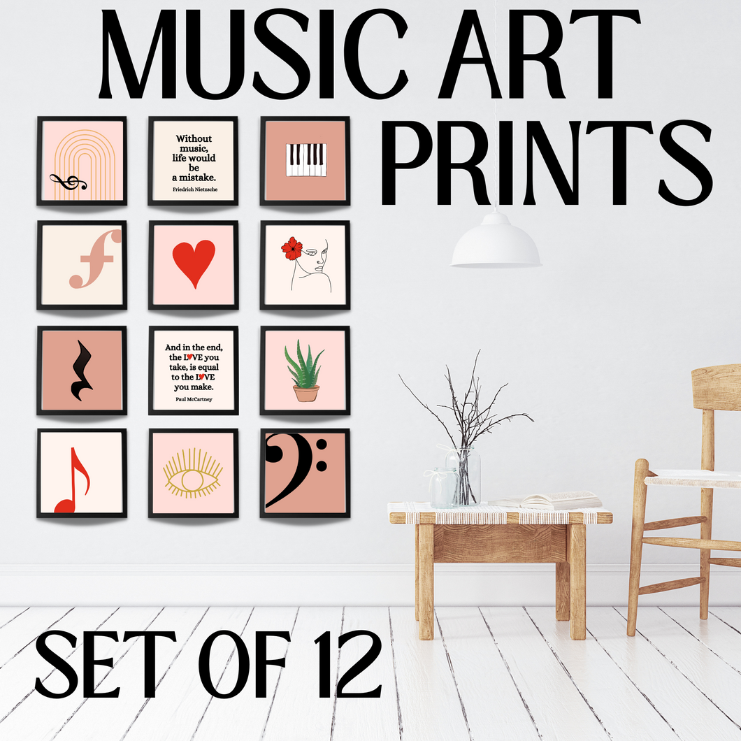 Music Boho Prints Set of 12, Wall Decor, Printable Art, Music Art, Music Studio, Bass Clef, Music Classroom Art, Piano Prints