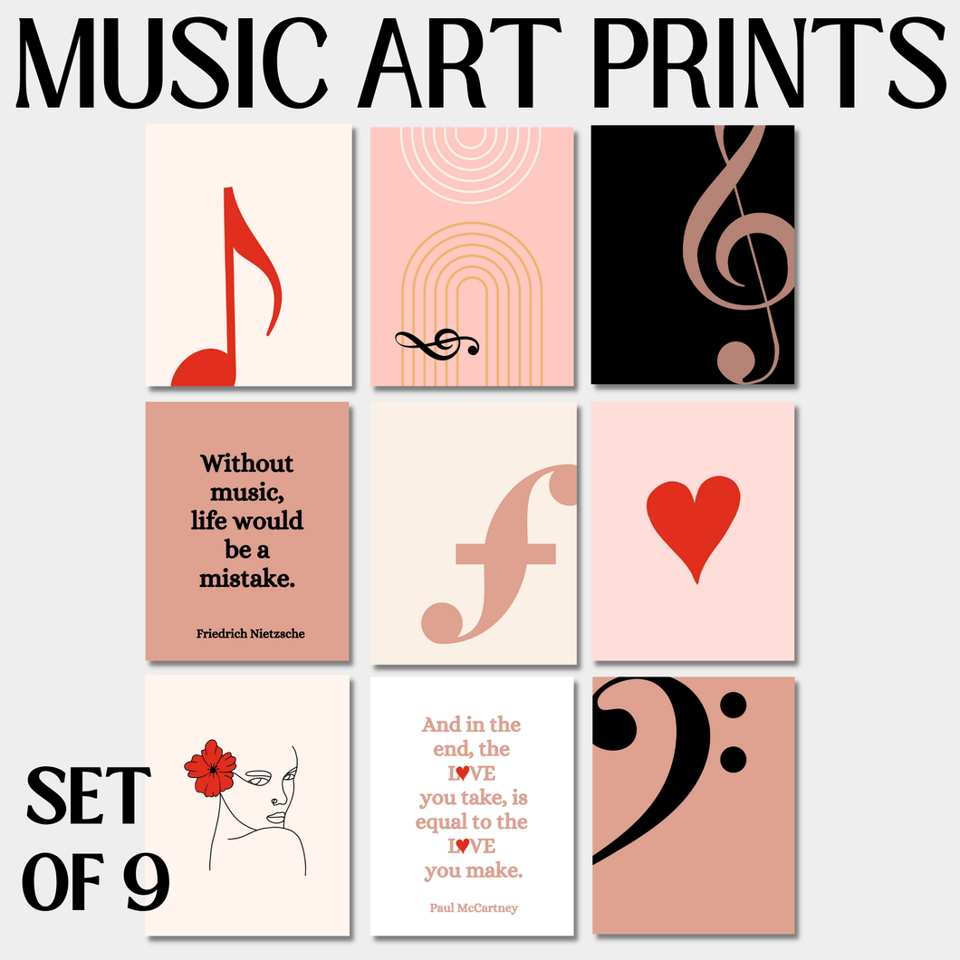 Music Boho ART PRINTS Set of 9, Bundle Wall Decor for Music Classroom, Music Studio, Office