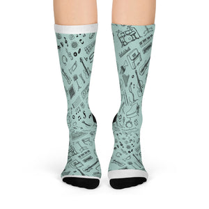 Music Studio, Recording Gear, Music Notes, Clefs, Instruments, #musictheory All Over Design Crew Socks