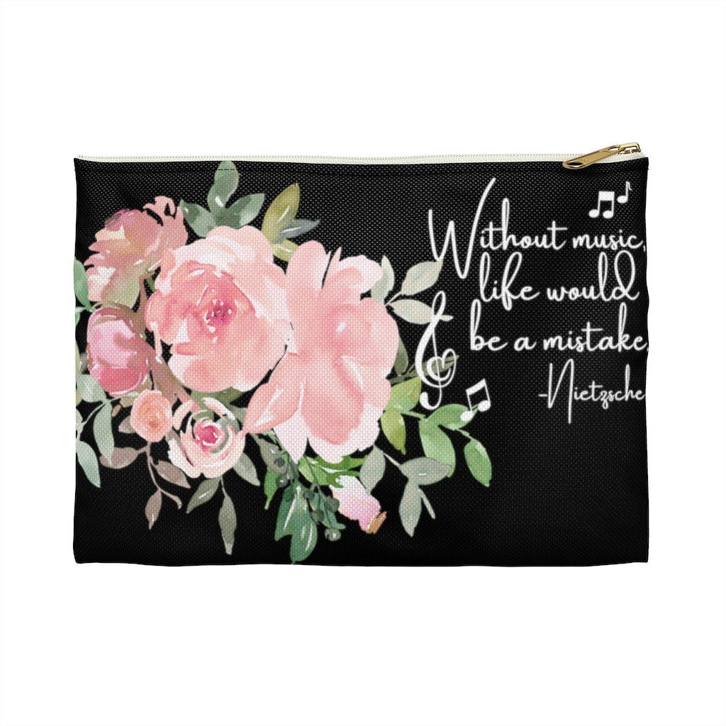 Shabby Chic Musical Quote Accessory Pouch - Watercolor Floral/Black