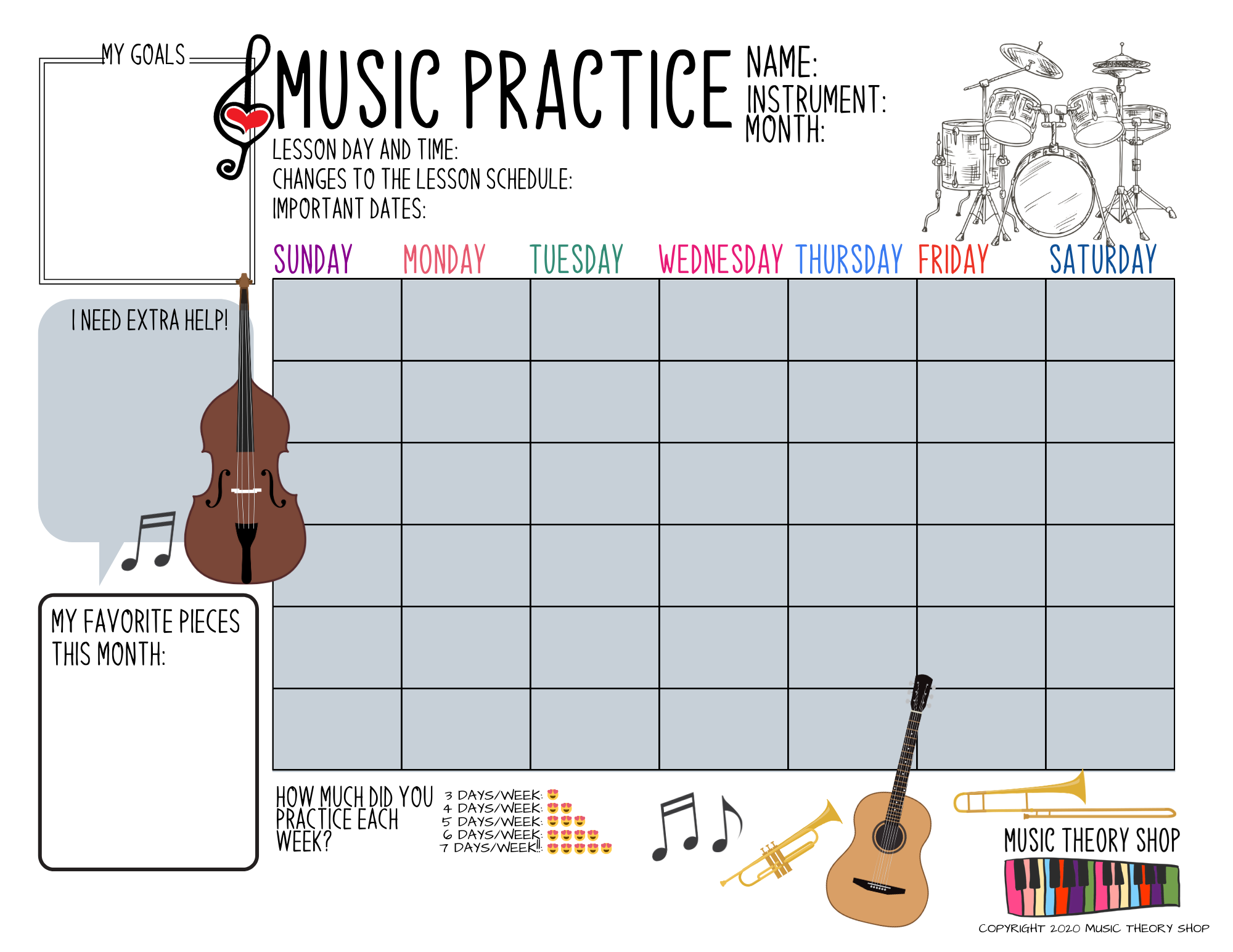 3 Printable Music Practice Charts, Tracker, Music Lessons, Music Progr ...