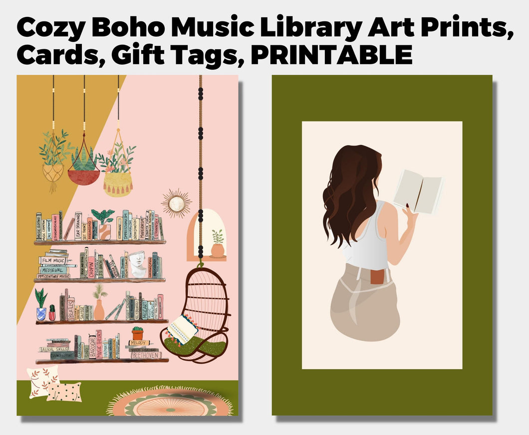 Cozy Boho Music Library ART Prints, CARDS, GIFT Tags, Music Teacher, Musician, Academic, Girl Reading, Wall Decor, Xmas Tags, Cute Card