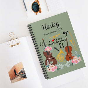 Personalized Music Lesson Spiral Notebook Ruled Line - Sage Green
