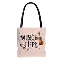 Music is Life Piano, Cello, Violin Vintage Sign Tote Bag - Boho Pink