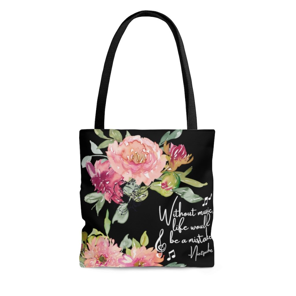 Shabby Chic Musical Quote Tote Bag - Watercolor Floral/Black - Music Theory Shop