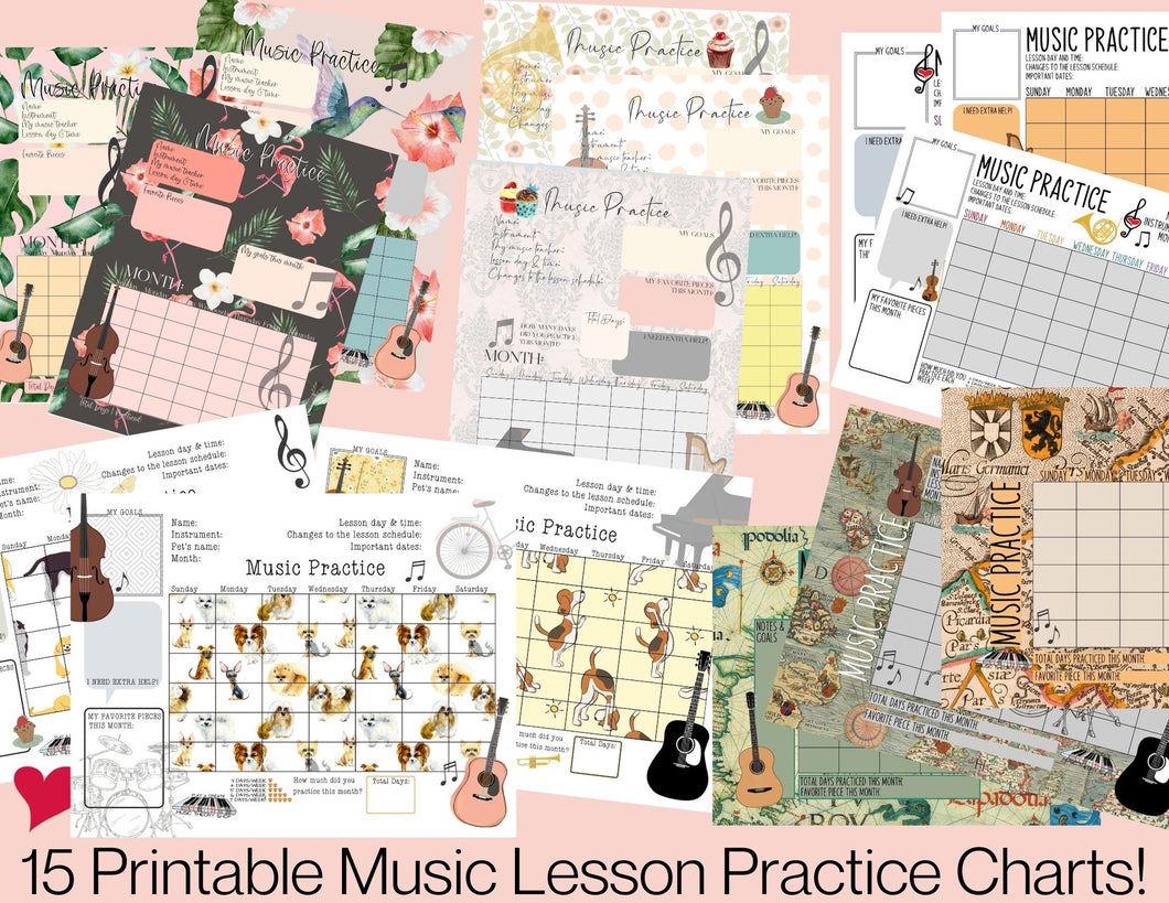 15 Printable Music Practice Charts, Music Teacher, Music Student, Gift for Musician