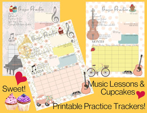 3 Printable Music Practice Charts, Tracker, Cupcakes, Harp, Piano, Guitar, French Horn, Music Teacher