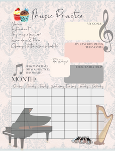 3 Printable Music Practice Charts, Tracker, Cupcakes, Harp, Piano, Guitar, French Horn, Music Teacher