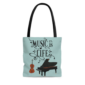 Music is Life Piano, Cello, Violin Vintage Sign Tote Bag - Boho Teal