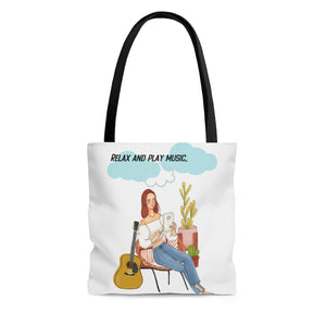 Relax & Play Music Tote Bag, Guitar, Girl Lounging Scene