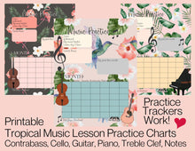 3 Printable Music Practice Charts, Tracker, Tropical, Hummingbird, Flamingo, Palm Leaf, Music Teacher